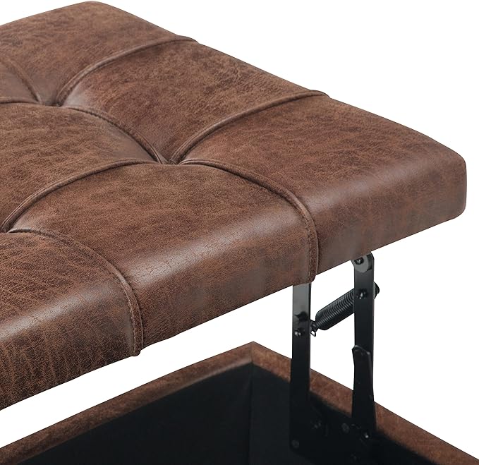SIMPLIHOME Harrison Coffee Table Storage Ottoman - 36 inch Wide Upholstered Vegan Leather Square Lift-Top Ottoman in Distressed Umber Brown, Transitional Ottoman for Living Room with Storage