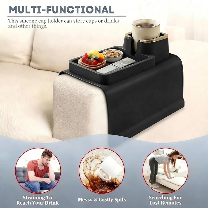 Luxury Silicone Couch Cup Holder Tray with Gold Trim, Anti-Spill Sofa Armrest Organizer, Weighted Non-Slip Recliner Tray Table for Drinks, Remote and Phone - Fits Most Couch Arms,Gift for family,Black