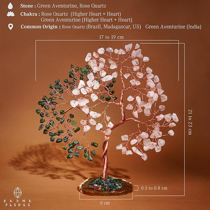 Handmade Healing Crystal Tree of Life Green Aventurine & Rose Quartz Chakra Tree for Money, Good Luck, Feng Shui Home Decor, Living Room Office Deocration, Unique Birthday Gifts for Women, Men, Mom