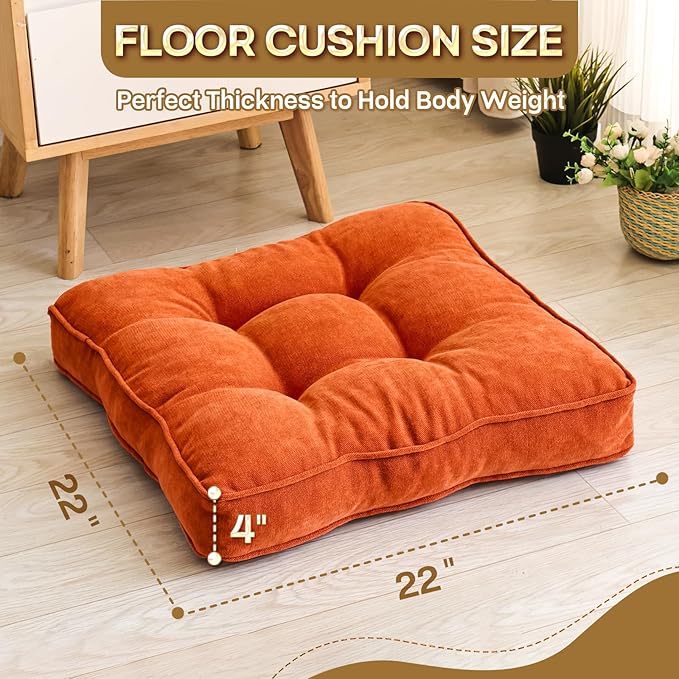 1 MIDDLE ONE Floor Pillow Set of 2, Memory Foam Floor Cushions for Adults, Large Meditation Pillow for Sitting, 22 x 22 Inches (Square | Orange)
