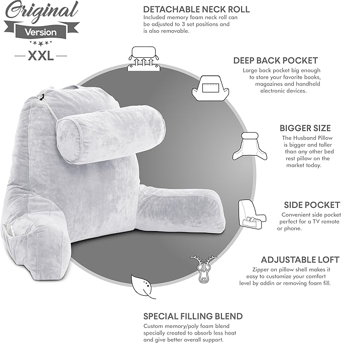 Husband Pillow XXL The Original for Adults - 30" Tall Backrest for Sitting Up in Bed - Firm Support Reading & Bed Rest Pillows for Adults, Neck Roll, Removable Cover - TV - Light Grey