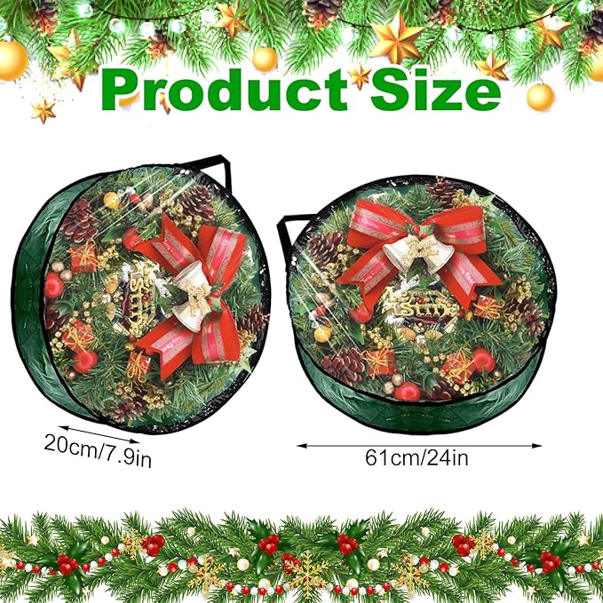 YAYODS 6 Pack Wreath Storage Container Bag, 24x8 Inch Christmas Wreath Storage Container Heavy Duty Christmas Wreath Boxes with Clear Window for Xmas Holiday Seasonal Wreath Garland (Green)