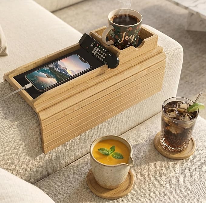 4-in-1 Detachable Bamboo Couch Cup Holder & Arm Tray with 2 Wooden Coasters, Anti-Slip Sofa Arm Tray, Foldable Couch Armrest Table, Organizer for Drinks, Snacks, Remote & Phone