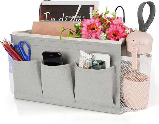 Lilithye Bedside Storage Organizer with Fixed Straps and Water Bottle Holder for Home, College, Dorm, Bunk / Hospital Bed, Crib Bed Rails (Grey)