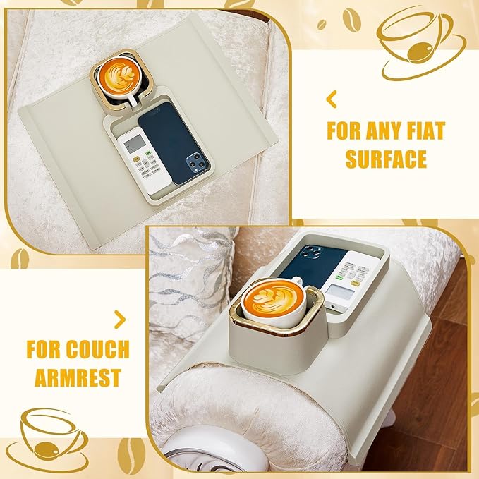 1 Pc Couch Cup Holder Tray Silicone Anti-Spill Anti Slip Sofa Armrest Drink Holder Weighted Couch Caddy Recliner Arm Table for Remote Controls, Phones, Cups and Snacks (White)