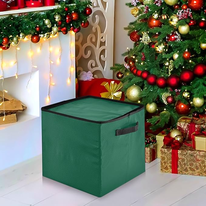 Dark Green Christmas Ornament Storage Basket Box Holiday Storage Container Cube with Adjustable Dividers for 64 Holiday Ornaments or Decorations Keeps Clean and Dry for Next Season