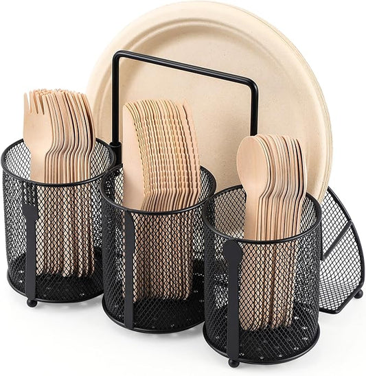 Metal Utensil Caddy Silverware Holder, Paper Plate Holder Cutlery Container,Plate Organizer Flatware Storage Basket Party Camping Picnic Buffet RV BBQ Farmhouse Kitchen Countertop