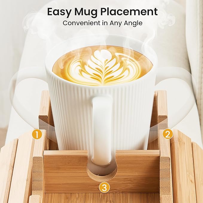 GEHE Couch Cup Holder, Anti Falling Sofa Arm Tray, Natural Bamboo Sofa Cup Holder More Safe for You Family, Portable Couch Arm Tray Armrest Table for Remote, Snacks, Phone, Drinks