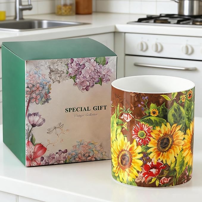 7" Oil Painting Sunflower Utensil Holder, Large Kitchen Utensil Holder Organizer ,Stable Utensil Crock Spatula Holder for Kitchen Counter Countertop Farmhouse Cooking Tools Holder