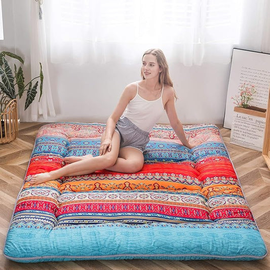 MAXYOYO Bohemian Retro Mattress Vintage Floral Japanese Futon Roll Up Tatami Floor Mat Foldable Mattress Portable Camping Mattress Sleeping Pad Floor Lounger Couch Full Size