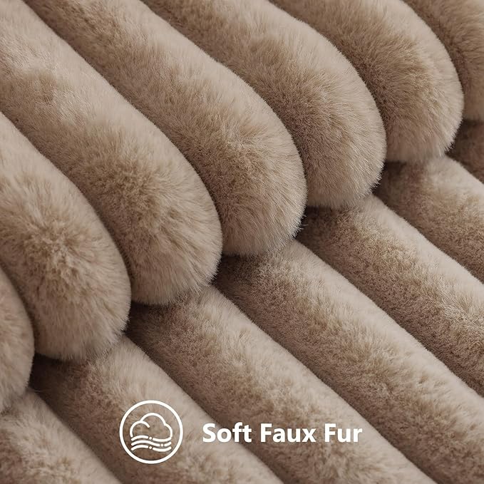 decorUhome Cozy Faux Fur Throw Pillow Covers 12x20 Set of 2 Decorative Soft Plush Striped Lumbar Modern Farmhouse Boho Couch Pillow Cases with Velvet Back for Sofa Bed Living Room, Khaki Brown
