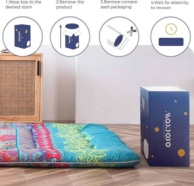 MAXYOYO Bohemian Futon Floor Mattress Boho Floral Style Japanese Tatami Mat Foldable Mattress Portable Camping Sleeping Pad Lounger Couch, Queen