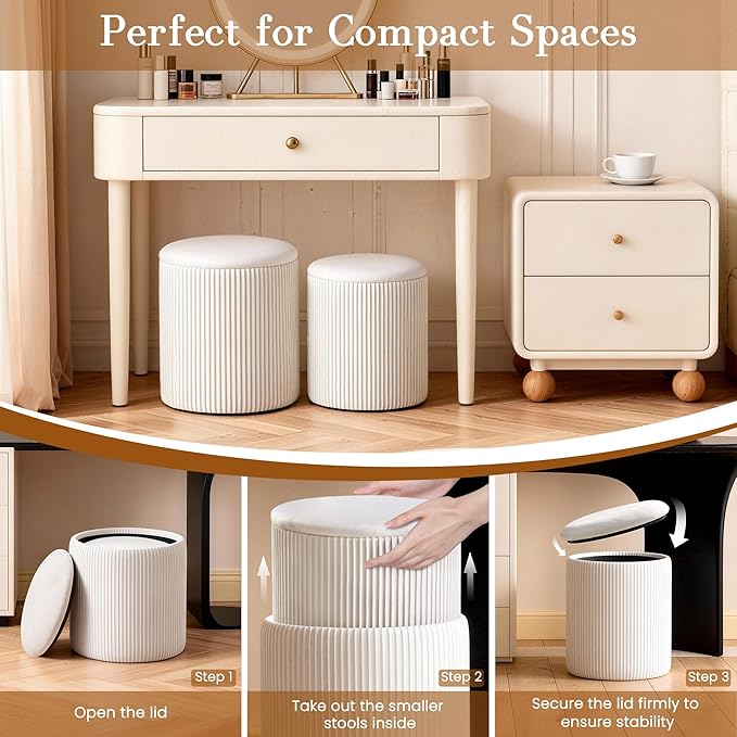 Vanity Stool Set of 2 - Round Storage Ottoman with Lid, Velvet Footrest Pouf for Makeup Room & Living Room, Multi-Use Small Chair with Hidden Storage（White）
