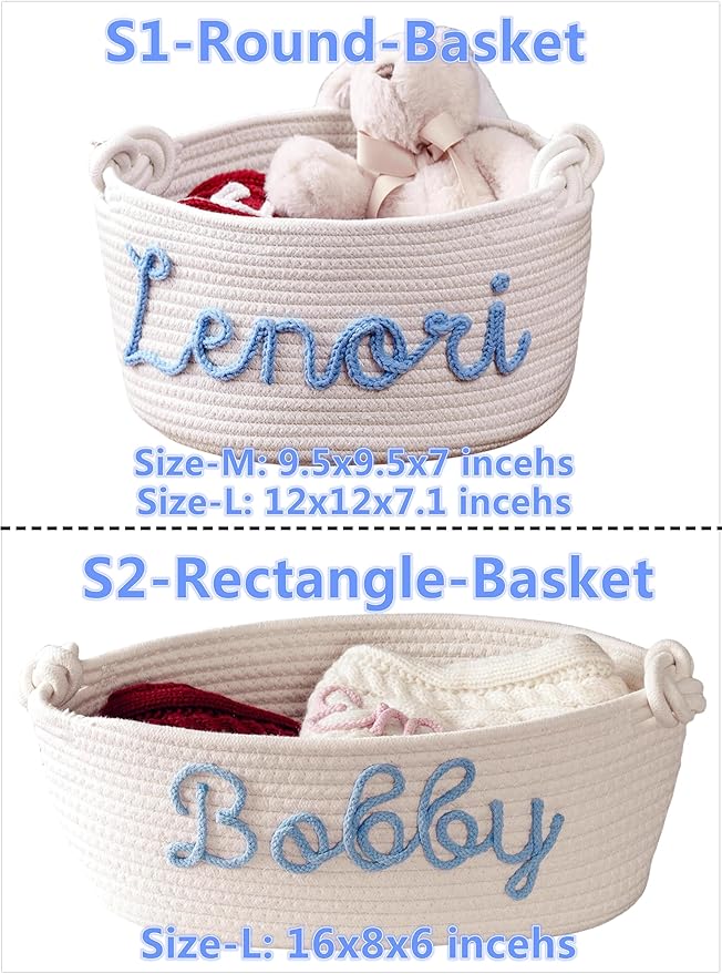 FKOG Personalized Baby Shower Basket Gift, Custom Name Cotton Rope Storage, Baby Nursery Organizer, Baby Show Gift Basket, Newborn Baby Baptism Gift (White round basket)