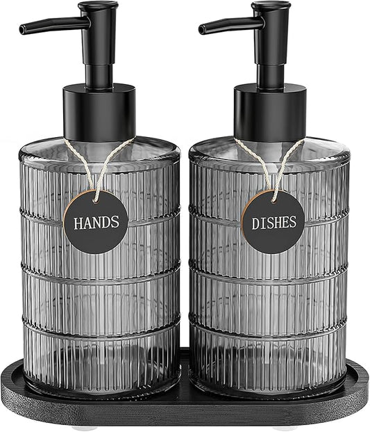 MASADI Soap Dispenser Set with Bamboo Tray, Dish and Hand Soap Lotion Dispenser Set with Wooden Pump for Kitchen and Bathroom Decor for Counter, Modern Vintage Liquid Soap Dispensers (Grey&Black)