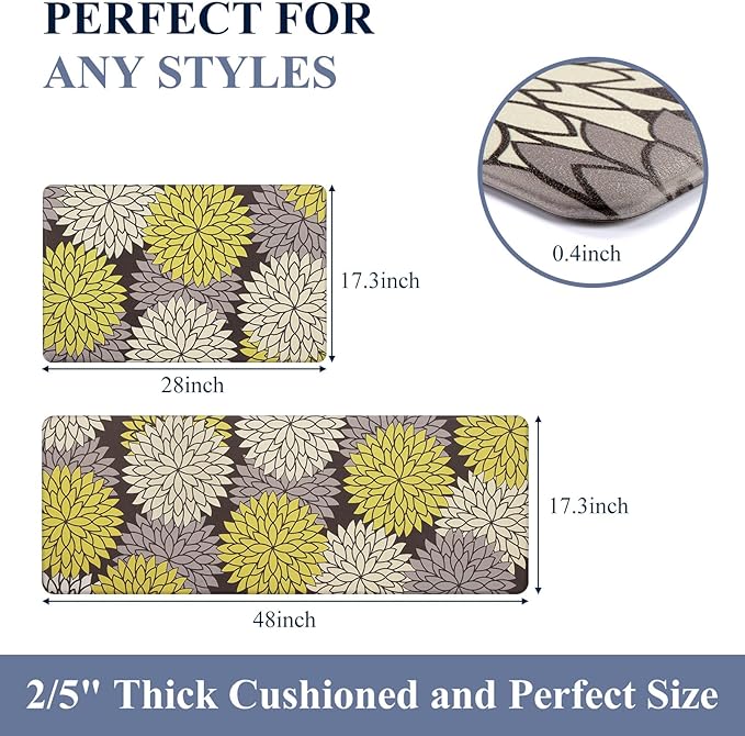 HEBE Anti Fatigue Kitchen Rugs Sets of 2, Non Slip Kitchen Mats for Floor, Waterproof Cushioned Comfort Standing Carpet for Kitchen Sink, Home Office, Laundry Room