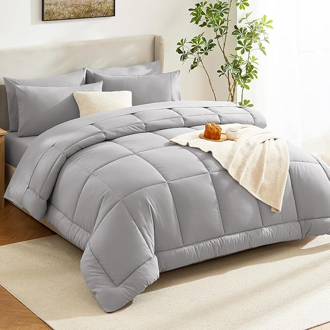 CozyLux Oversized King Comforter Sets French Grey, 7 Pieces Bed in a Bag, Ultra-Soft All Season Bedding Sets with Stitch Quilted Comforter, Flat Sheet, Fitted Sheet, Pillowcases
