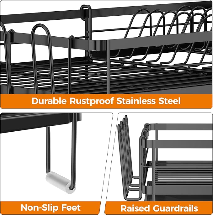 Delamu Stainless Steel Dish Drying Rack, Expandable Dish Drainer, Anti-Rust Large Dish Racks for Kitchen Counter, Dish Strainers with Drainboard, Utensil Holder & Cup Holder, Black