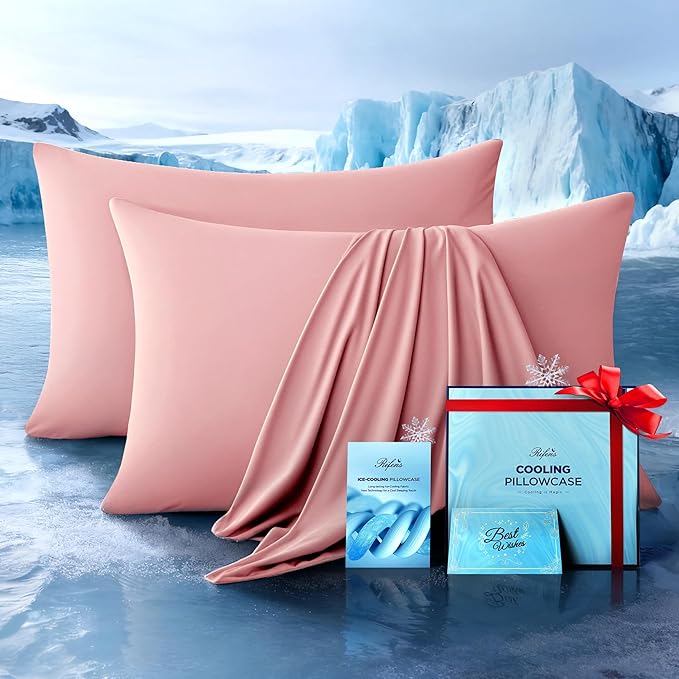 Ultra-Chill Cooling Pillowcase Set of 2 for Hot Sleepers, Softer Than Silk Pillow Cases for Protecting Hair & Skin, Breathable Bed Pillow Covers w/Zipper, Gifts for Women Men (Pink, Standard)