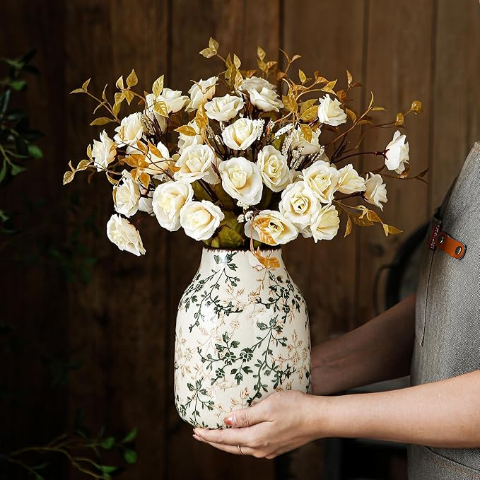 for Mom from Daughter or Son, Green & Beige Vintage Chinoiserie Ceramic Vase 7.8”, Floral Rustic Decorative Vase for Living Room, Bookshelf, Office, Grandmillennial & Tuscan Decor