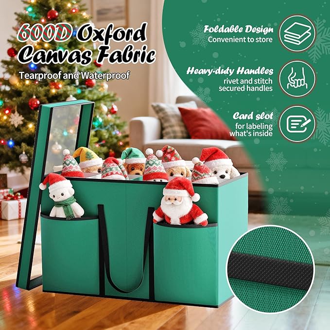 Christmas Figurine Storage Box & Nutcracker Storage Containers with Visible Lid and Cardboard Dividers, Keeps 8 Holiday 15"-Figurine Collectibles, Xmas Decoration Storage Bag, 600D Oxford / Green