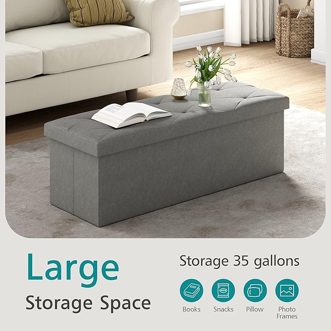 VECELO 43'' Folding Storage Ottoman Bench, Storage Chest, Linen Fabric Foot Rest Stool, 158L Storage Footstools for Bedroom and Living Room, Holds up to 660 lbs, Grey