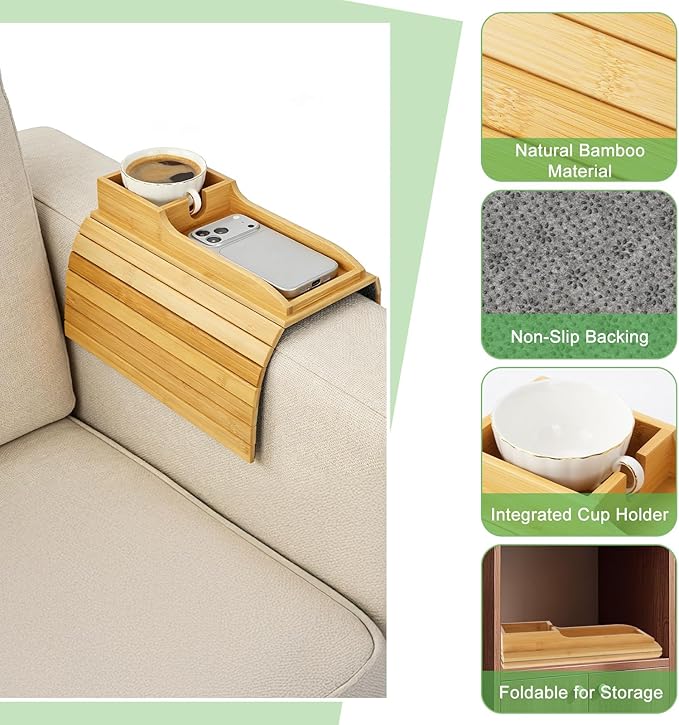 RETON 2 Pack Bamboo Couch Armrest Tray with Sofa Cup Holder, Anti-Slip Foldable Couch Arm Tray Table Organizer for TV Remote Drinks Cups Cellphone Snacks