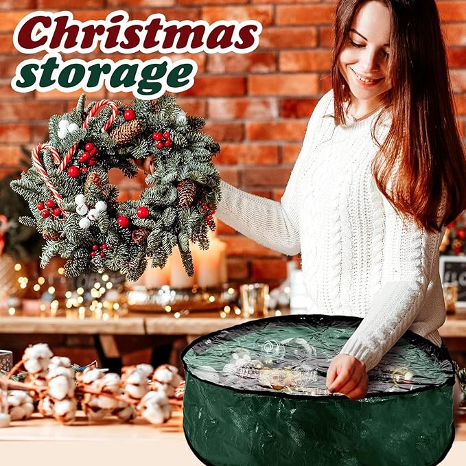 Dunzy 8 Pieces Wreath Container Christmas Wreath Storage Bag Garland Tear Resistant Fabric Round Boxes with Clear Window for Storage for Xmas Holiday Ornament(36×36×7.8 Inch,Green)