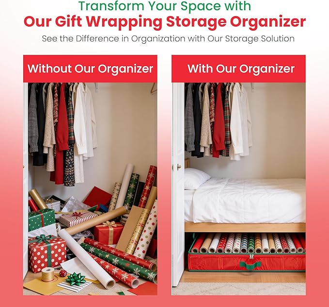 Handy Laundry Gift Wrap Storage Organizer, Easily organize Wrapping Paper, Ribbons, Bows, Scissors, Fits 18-24 Standard Rolls, Keeps Gift Supplies in Perfect Condition & Ready for Next Season, (Red)