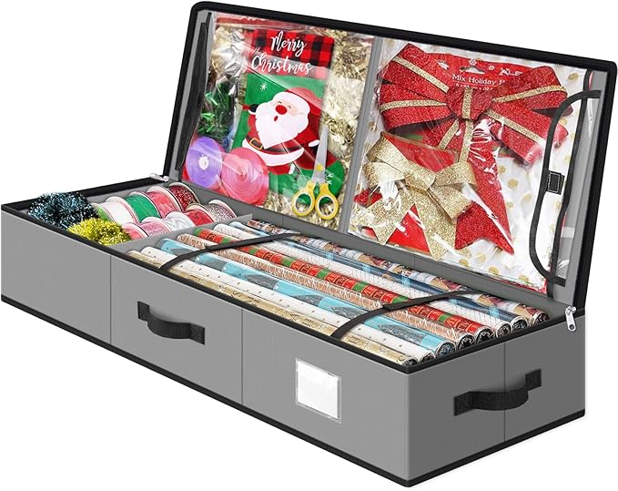 Fabspace Christmas Wrapping Paper Storage Containers, 40 Inch Gift Wrap Organizer, Visible Supplies Pockets for Xmas Accessories, Underbed Storage for Christmas Decorations, Grey