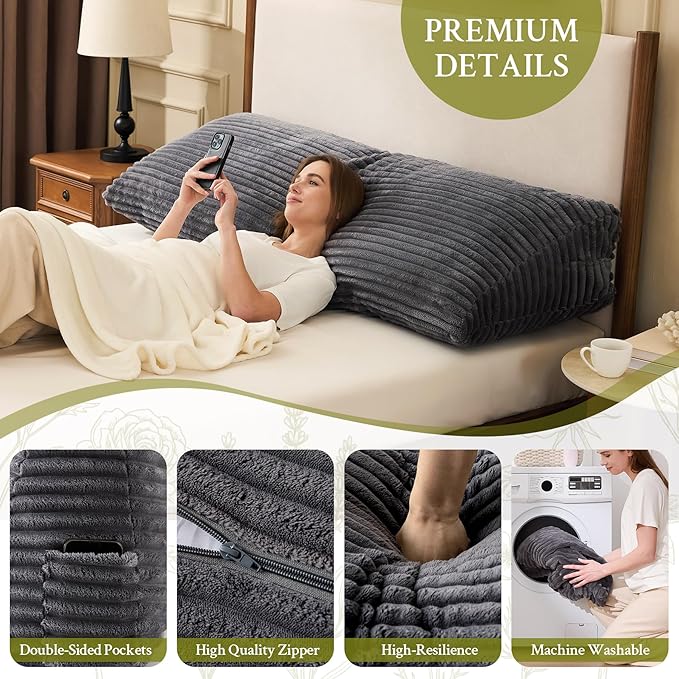 Headboard Pillow Twin, Headboard Wedge Pillow, Back Rest Pillows for Sitting, Reading, Working, Triangle Pillow with Removable Cover, Daybed Pillows for Bed Dorm Sofa, Dark Grey