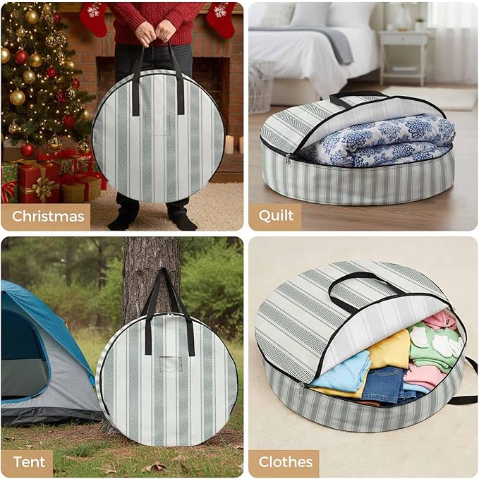 Storage Bag Sage Green Stripes Round Storage Totes Bins Closet Organizers with Zippers & Handle Vertical Striped Line Clothes Storage Container for Bedroom Dorm Space Saving Packing Supplies Bags