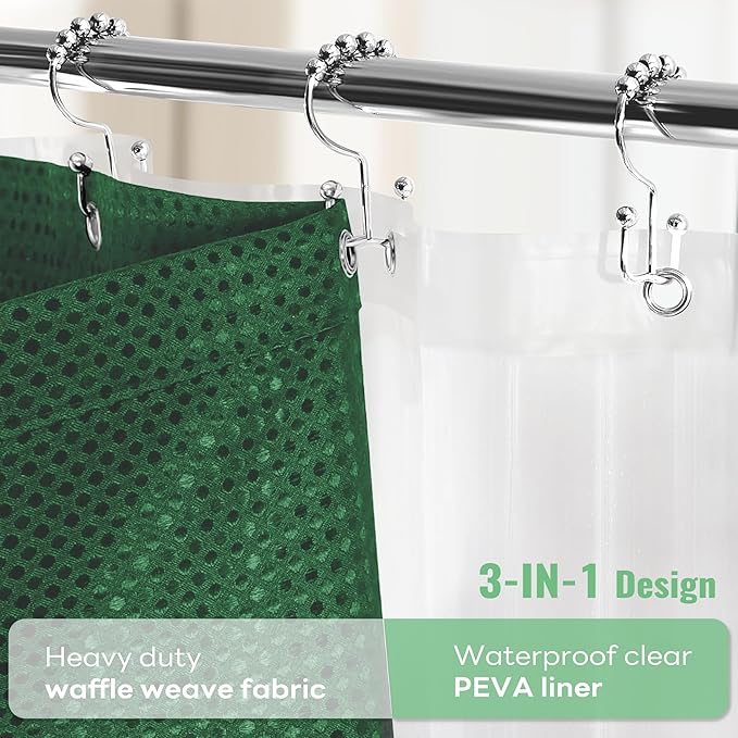 Dynamene Long Shower Curtain and Liner Set - 78 inch Tall Waffle Fabric, Waterproof Clear Liner, Heavy Duty Weighted Hotel Luxury Shower Curtains for Bathroom with 12 Hooks, 72x78, Dark Green