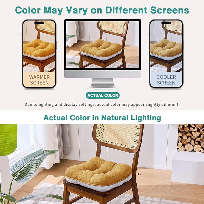BETU Chair Cushions for Dining Chairs Set of 6,3.5" Thick Kitchen Table Chair Pads with Ties,Non Slip Backing and Covers, Seat Cushion for Dining Room,Bar,Patio Chairs,16"X16"X3.5",Yellow