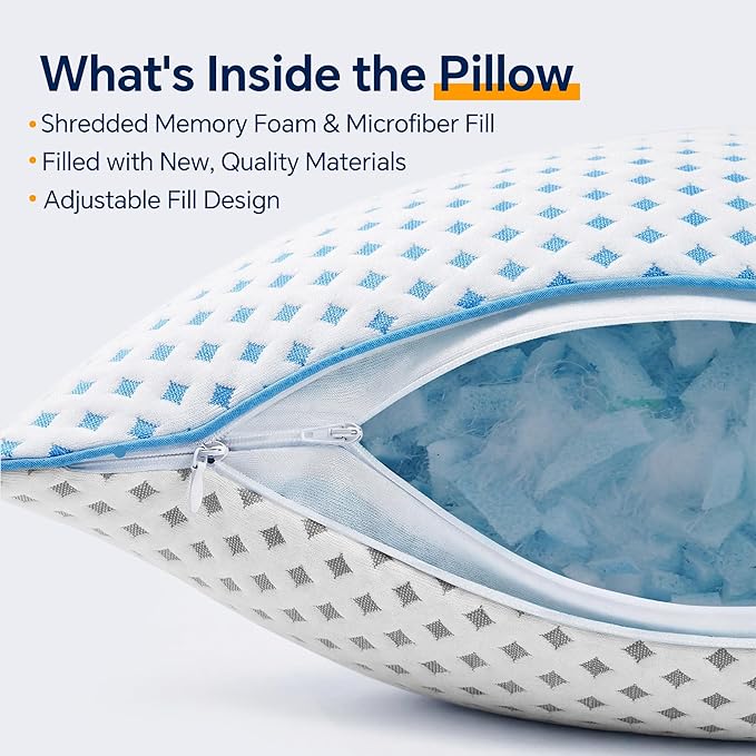 Pillows Standard Size Set of 2 for Sleeping, Cooling Adjustable Memory Foam Pillows, Dual Fill Design Helps Maintain Shape, Breathable Washable Cover