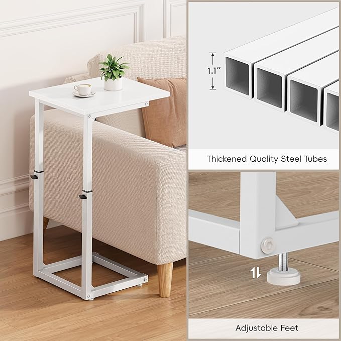 Vagusicc C Shaped End Table, 33"C Table End Table Adjustable Height, Small Side Table for Couch, Tv Tray Table for Small Spaces, Couch Table That Slide Under, Sofa Table for Living Room,Bedroom, White