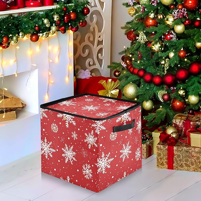 Red Snowflake Christmas Ornament Storage Basket Box Winter Snowman Holiday Storage Container Cube with Adjustable Dividers for 64 Holiday Ornaments or Decorations Keeps Clean and Dry for Next Season