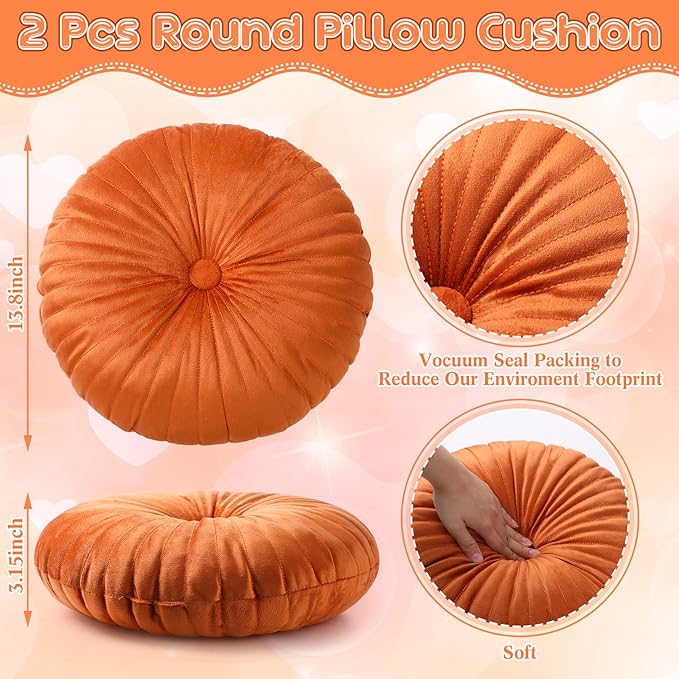 Namalu 2 Pcs Round Throw Pillow 13.8 Inch Decorative Round Velvet Floor Pillows Pumpkin Throw Pillows with Center Button for Thanksgiving Home Decor Living Room Sofa Couch Bed Chair (Burnt Orange)