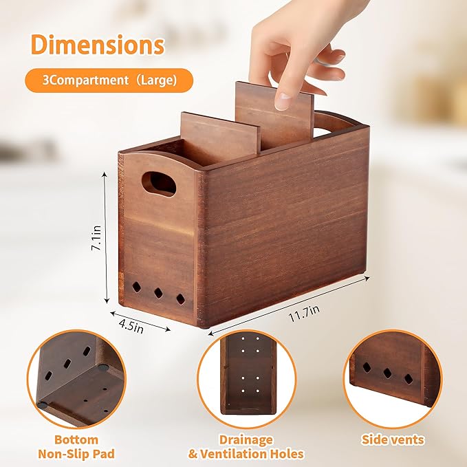 Natural Acacia Wood Utensil Holder for Kitchen Counter (Large), 3 Compartment with Removable Dividers 11.7"x7.1"x4.5", Large Cooking Utensil Organizer - Anti-Scratch Bottom