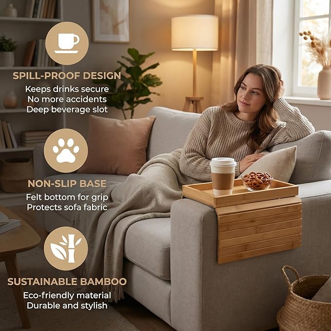 Couch Armrest Table, Bamboo Couch Cup Holder, Couch Cup Holder Tray, Sofa Arm Tray, Armchair Caddy 12.4" x 5.5" with Nonslip Felt Bottom, Sturdy Bamboo Slats for Armrests 6" and Wider (Black)