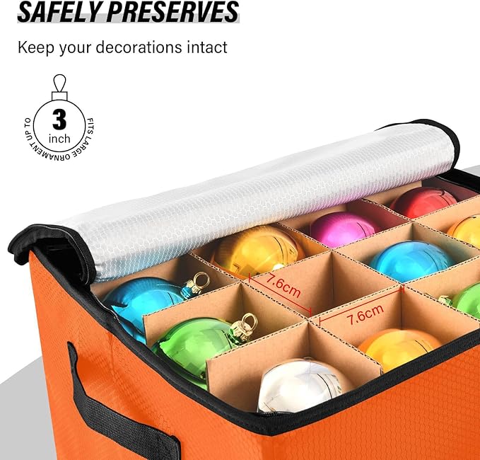 Orange Christmas Ornament Storage Basket Box Holiday Storage Container Cube with Adjustable Dividers for 64 Holiday Ornaments or Decorations Keeps Clean and Dry for Next Season