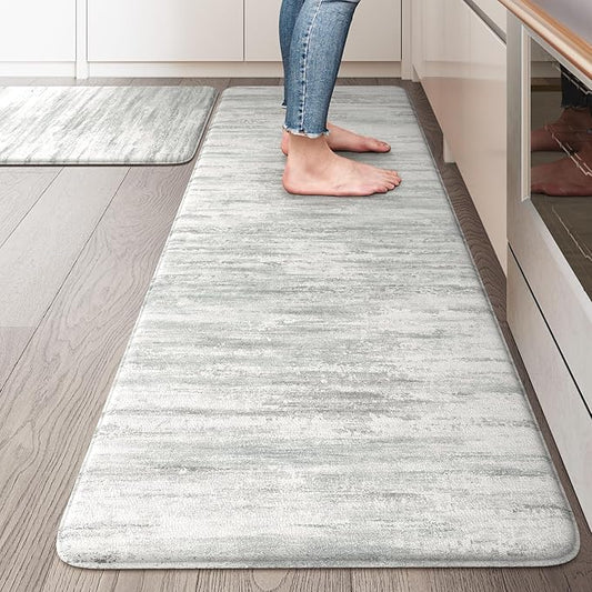 KIMODE Anti Fatigue Kitchen Mats for Floor, Farmhouse Kitchen Rugs Sets of 2, Cushioned Kitchen Floor Mats, Comfort Standing Mat for Sink Laundry Office Desk 20"x47"+20"x32" Grey