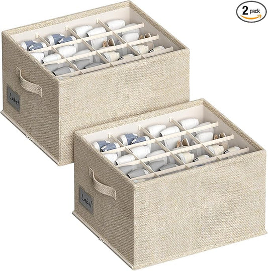 2 Pack Shoe Organizer for Closet, Fits 16-32 Pairs Fabric Shoe Storage Bins Large Shoe Box Storage Containers with Bottom Support for Shoes Space Saving Shoes Holder (Beige, 19.7*15.7*11.8in)