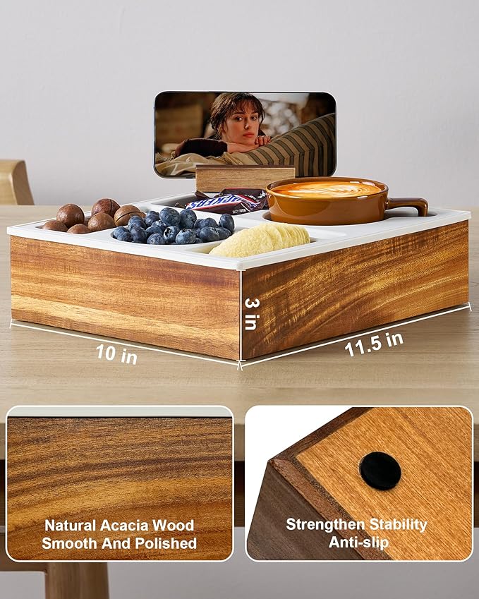 Couch Cup Holder Tray, Acacia Wooden Silicone Couch Caddy, Sofa Drink Holder Couch Storage Tray for Phone Tab Pen Key Beverage White