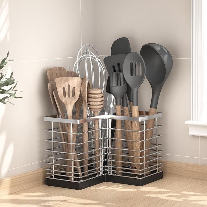 Suli Extra Large Kitchen Utensil Holder with 3 Compartments，Silvery Metal Corner Kitchen Caddy for Countertop，Farmhouse Rustic Cooking Storage-Silvery
