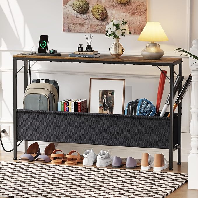 Asgolion Narrow Console Table, 47.2" Long Entryway Table with Storage & Power Outlets, Hallway Table, Mordern Industrial Sofa Tables for Living Room, Bedroom, Foyer, Office, Anti-tip Kit, Rustic Brown