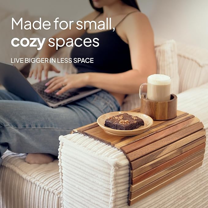 Acacia Couch Arm Tray for Drinks and Snacks with Detachable Cup Holder, Anti Slip Base and Foldable Design, Wooden Sofa Arm Tray for Convenient Couch Side Use