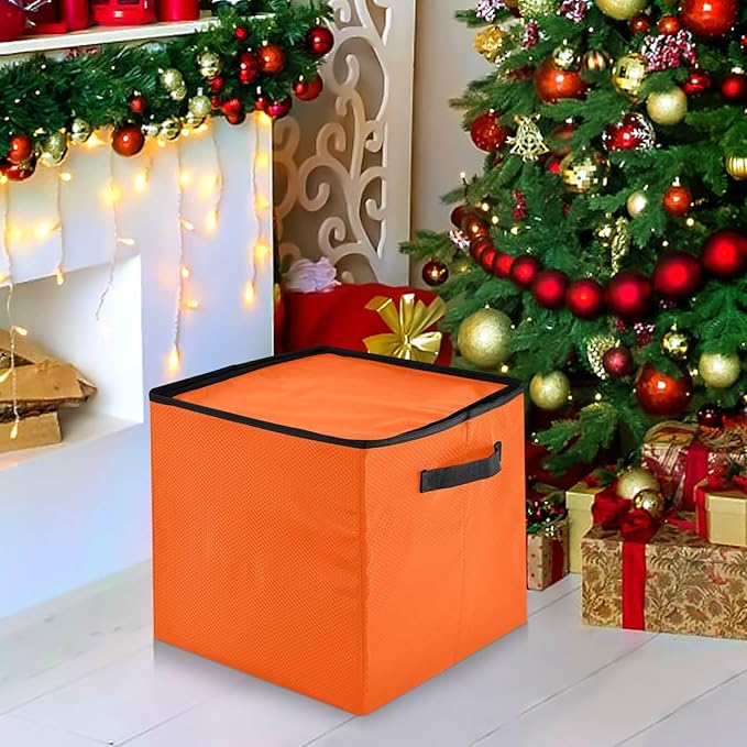 Orange Christmas Ornament Storage Basket Box Holiday Storage Container Cube with Adjustable Dividers for 64 Holiday Ornaments or Decorations Keeps Clean and Dry for Next Season