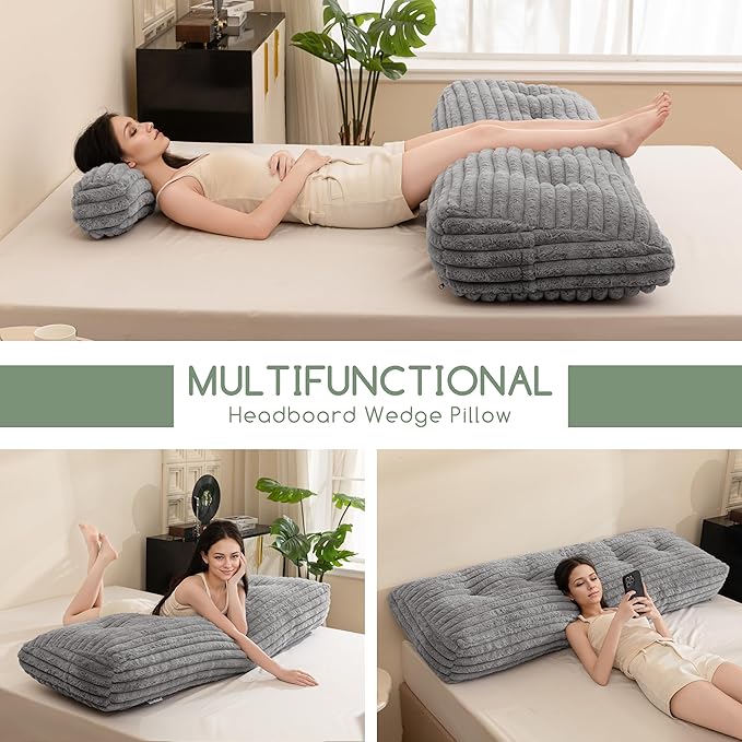 HIGOGOGO Triangular Headboard Wedge Pillow with 2 Cylindrical Pillows and Memory Foam Filling, Daybed Pillows for Sitting up, Reading or Working with Removable Cover,Queen 59.1"x19.7"