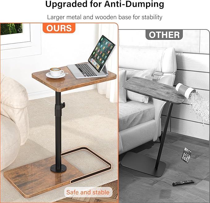 Tv Trays Set of 2 for Couch - 360°Swivel Height Adjustable, Larger Metal and Wooden Base to Prevent Slipping，TV Tray C Shaped End Table Food Snack Trays for Eating Sofa Bed Bathroom